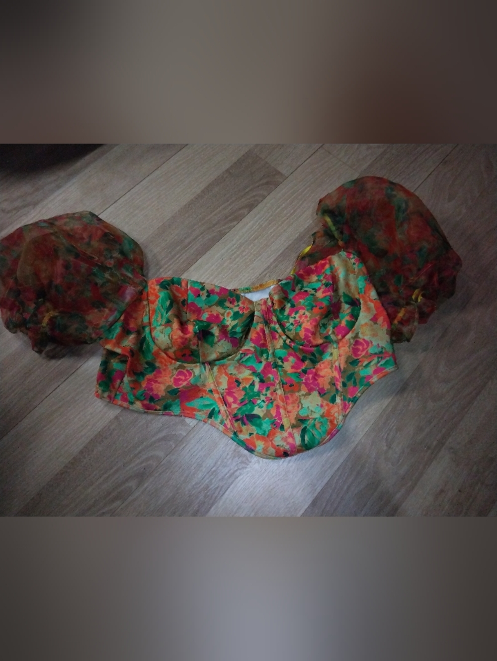 Floral Puff-Sleeve Bustier Crop Top in Orange & Green